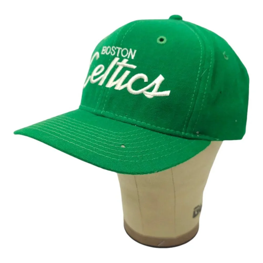 Boston Celtics Script Cap Vtg 90s READ Moth Holes Snapback Sports Specialties